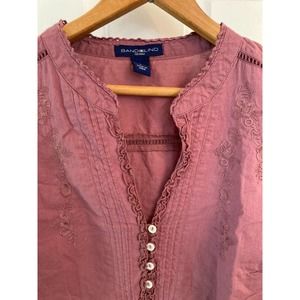 Bandolino Rose Mauve Cotton Peasant Top V Neck Floral Embroidery, Medium